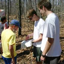 three orienteers looking over a map